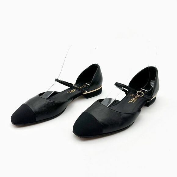 CHANEL Black CC Logo Mary Jane Ballet Flat Size 36.5 Leather Cap Pointed Toe - Picture 15 of 15